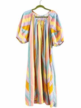 Fantastic Fawn Pastel Rainbow Striped Puff-Sleeve Maxi Dress Medium
